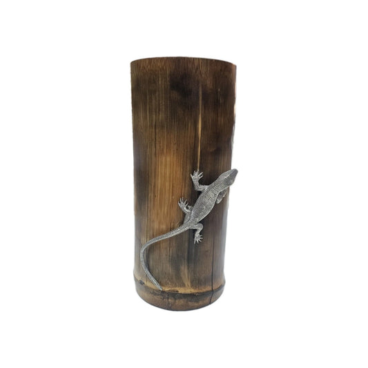 A Vintage Mid 20thC Japanese Bamboo Vase Decorated with Lizards