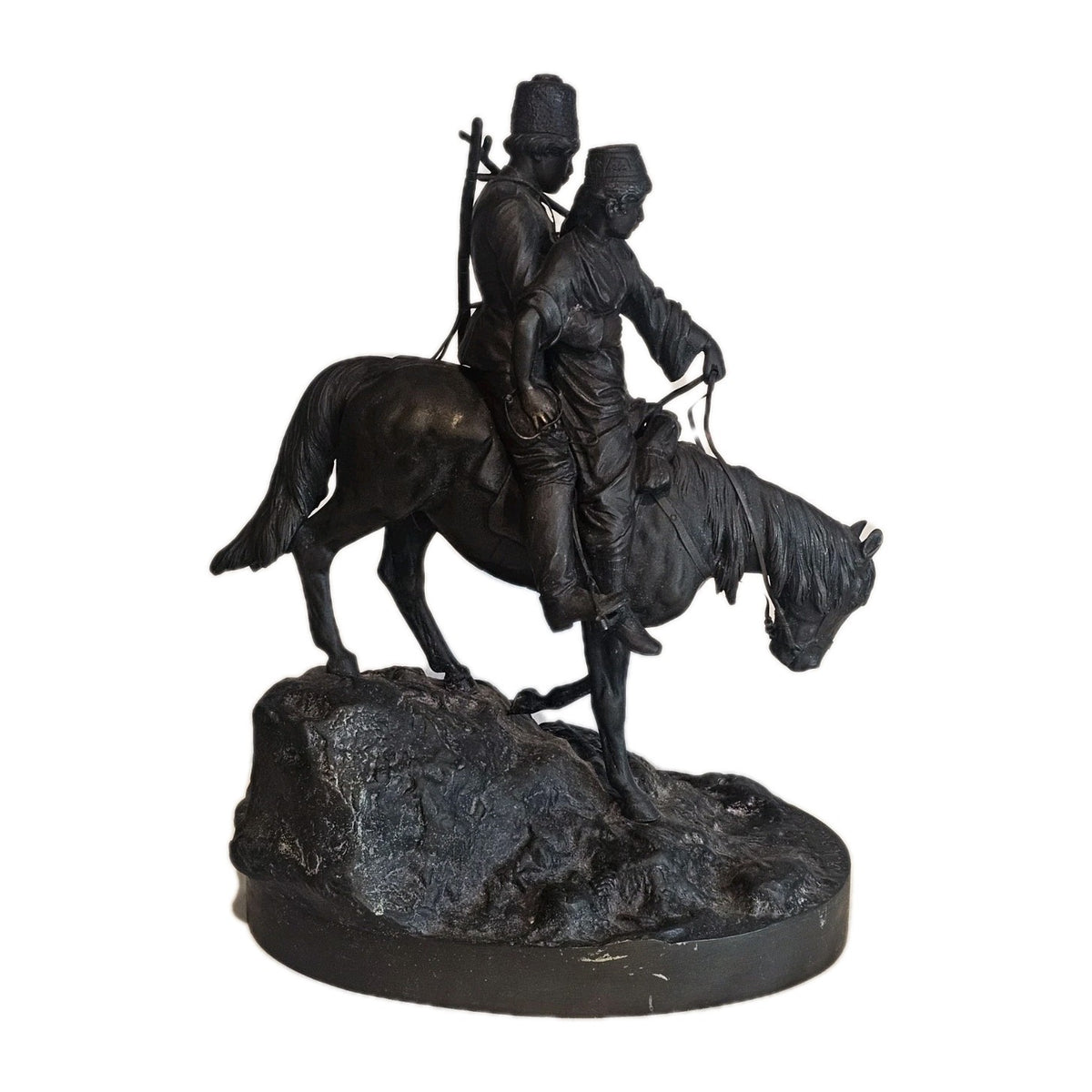 19thC A.M Bonegor (Russian) Bronze Sculpture of Two Cossacks on Horseback Signed