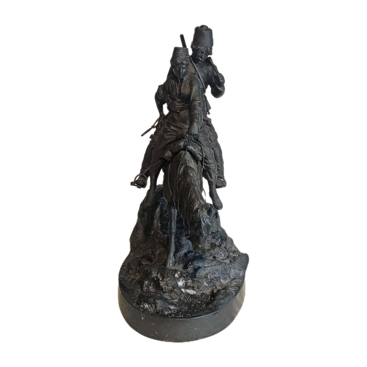 19thC A.M Bonegor (Russian) Bronze Sculpture of Two Cossacks on Horseback Signed