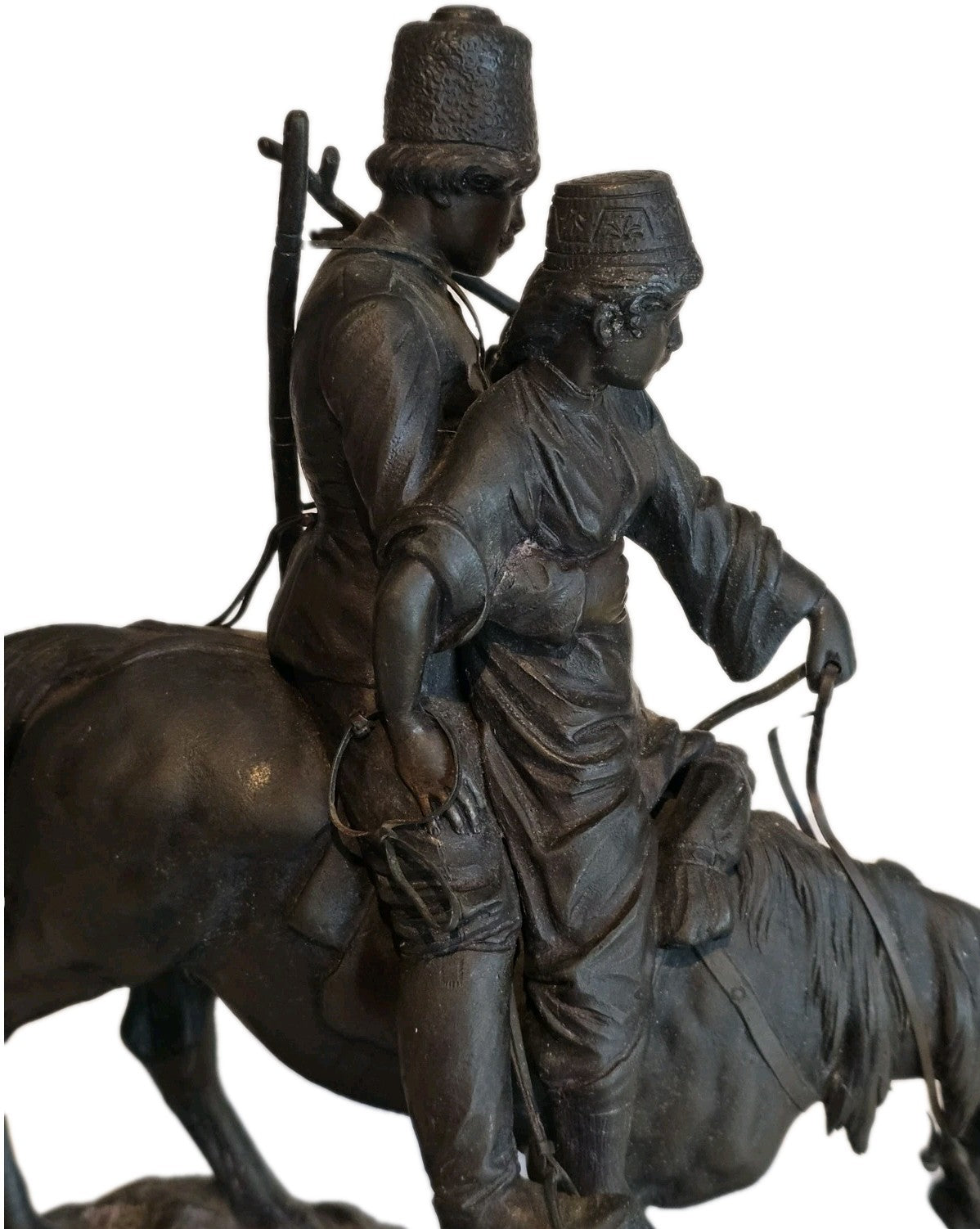 19thC A.M Bonegor (Russian) Bronze Sculpture of Two Cossacks on Horseback Signed