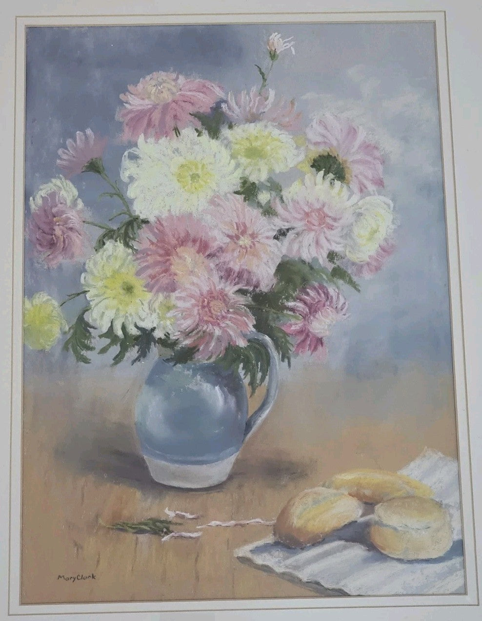 A Large Framed Pastel Still Life of Harvest Chrysanthemums Signed Mary Clark