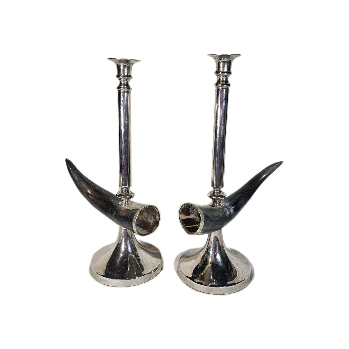 A Vintage Pair of Bull Horn Candlestick Holders in Silver