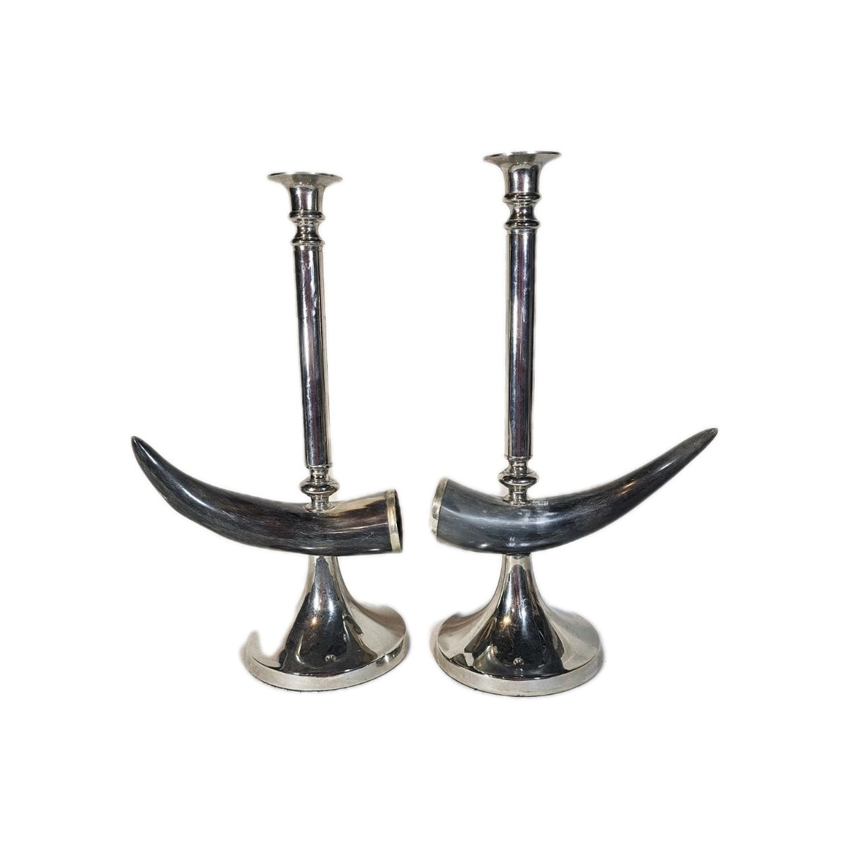 A Vintage Pair of Bull Horn Candlestick Holders in Silver