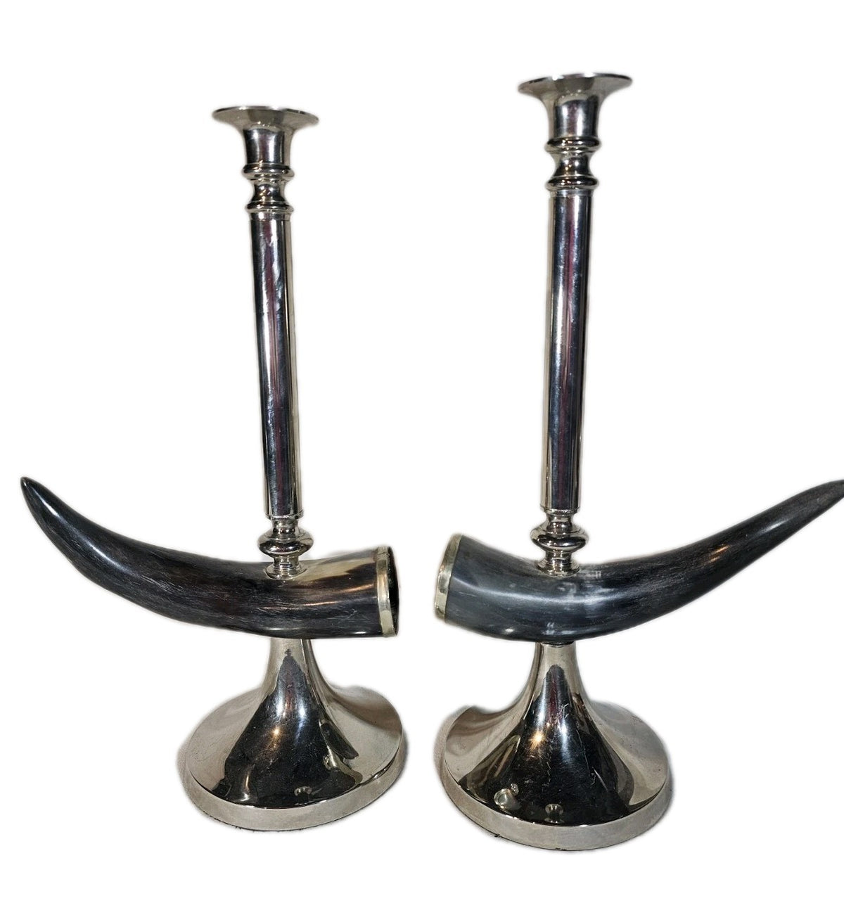 A Vintage Pair of Bull Horn Candlestick Holders in Silver