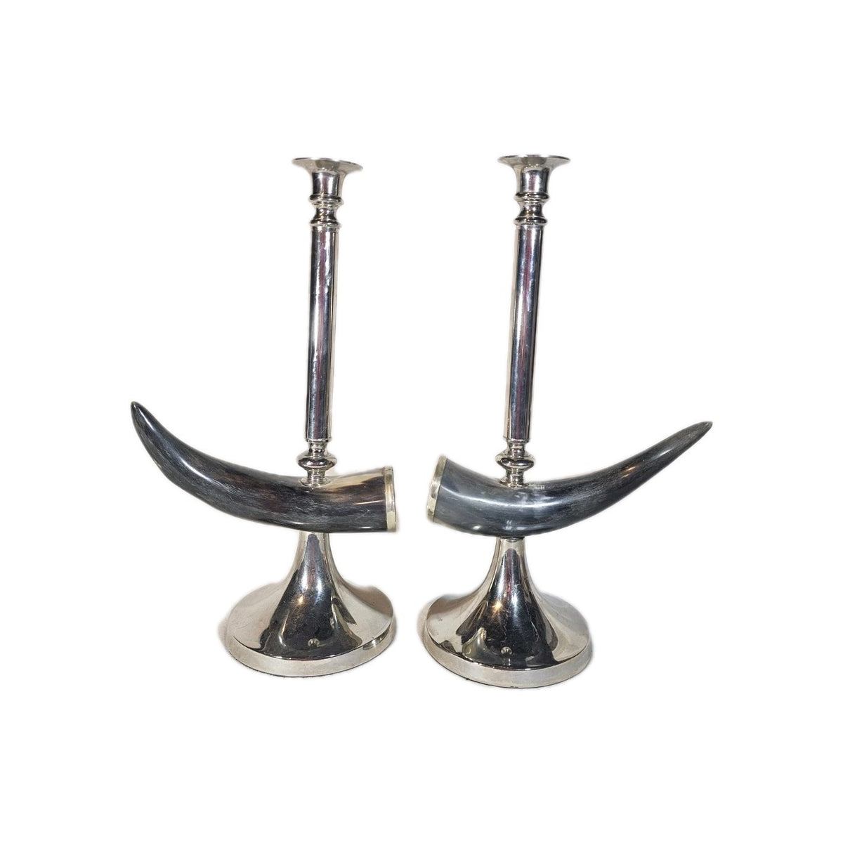 A Vintage Pair of Bull Horn Candlestick Holders in Silver