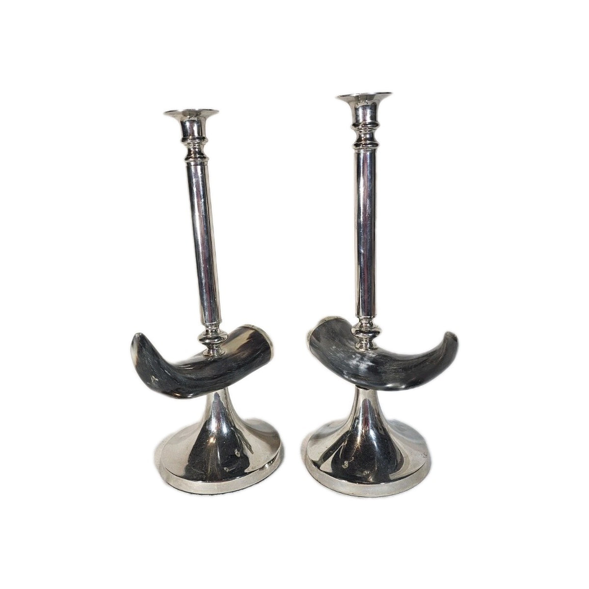 A Vintage Pair of Bull Horn Candlestick Holders in Silver