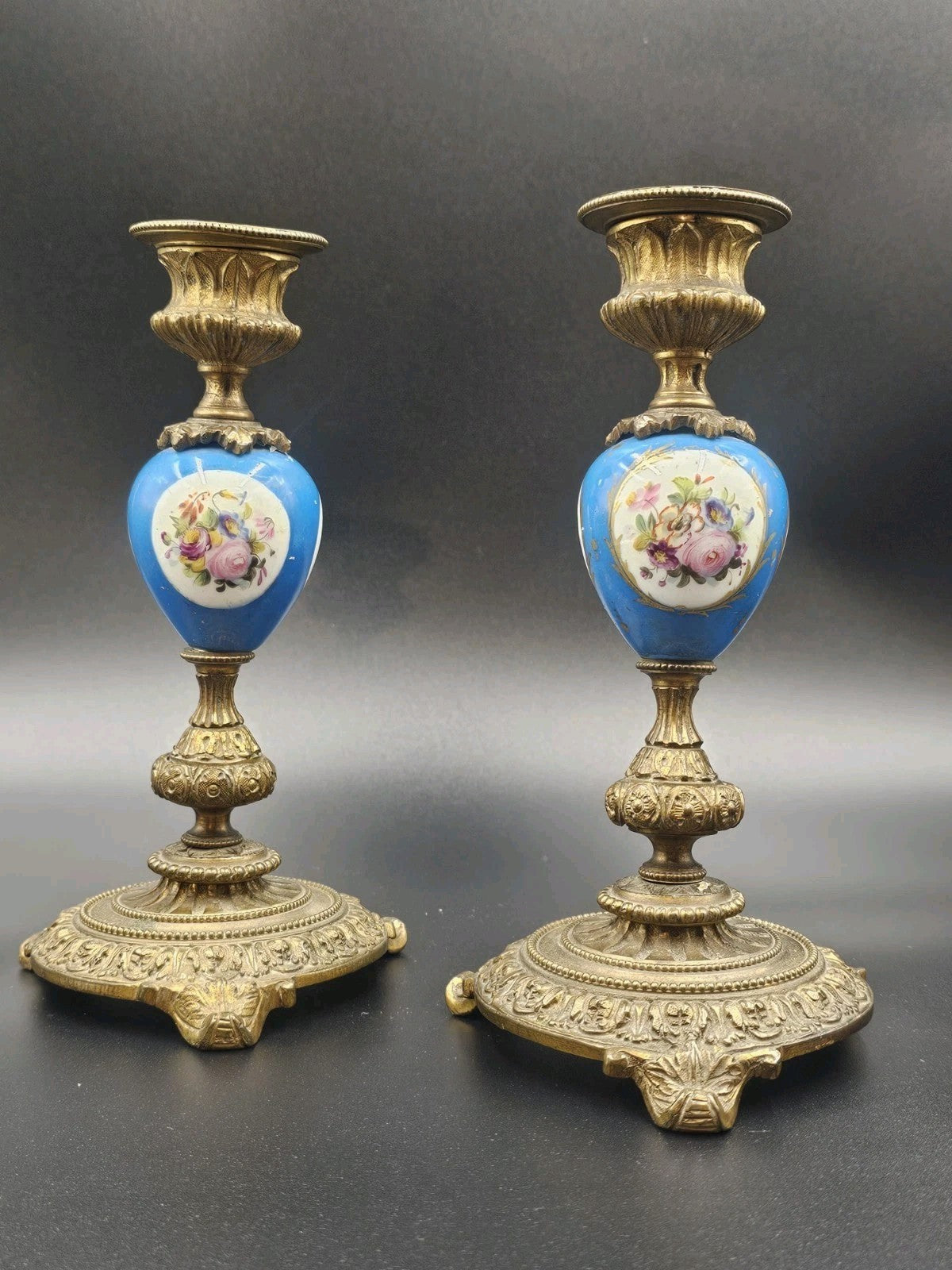 A 19thC French Pair of Sevres Style Omalu Mounted & Porcelain Candlesticks