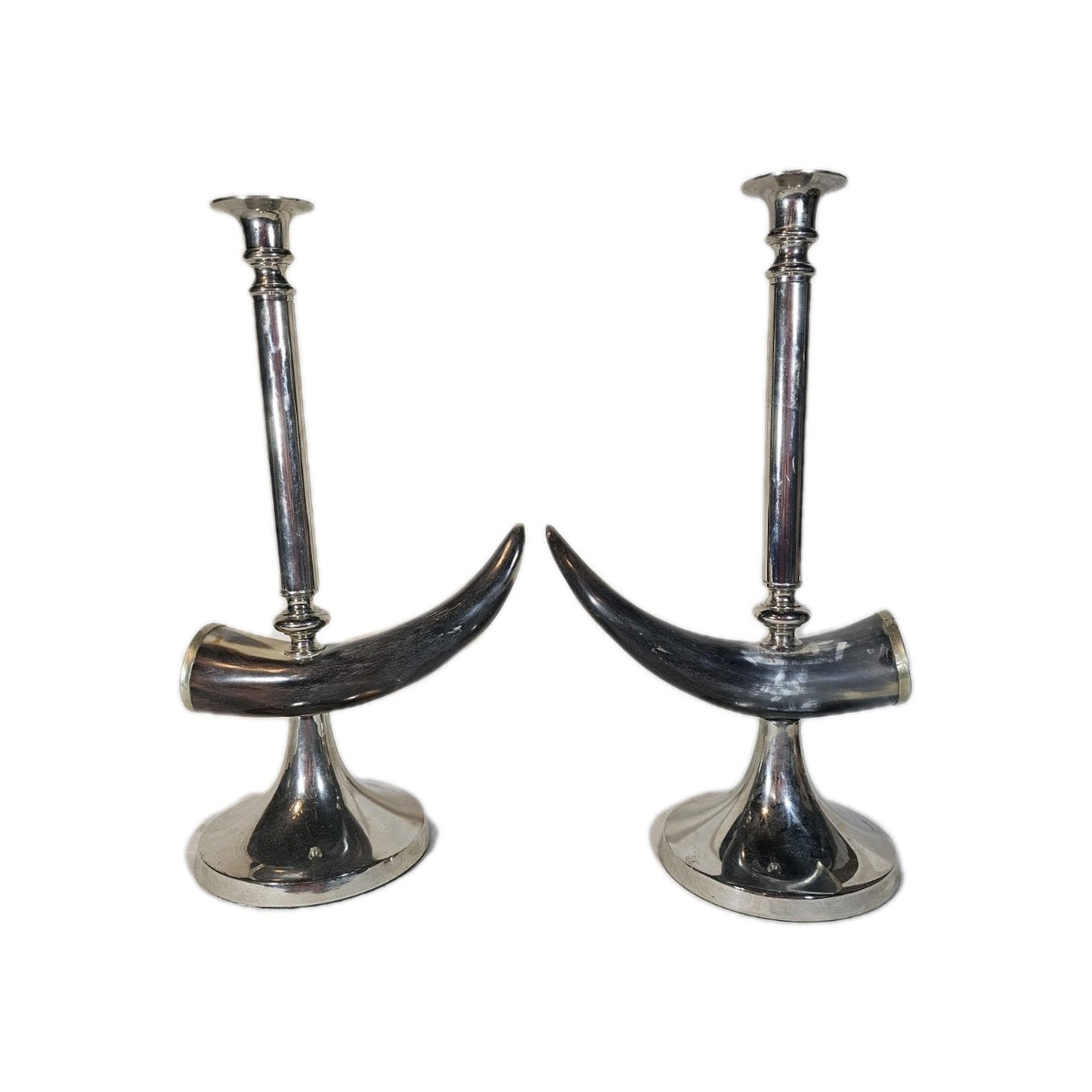 A Vintage Pair of Bull Horn Candlestick Holders in Silver