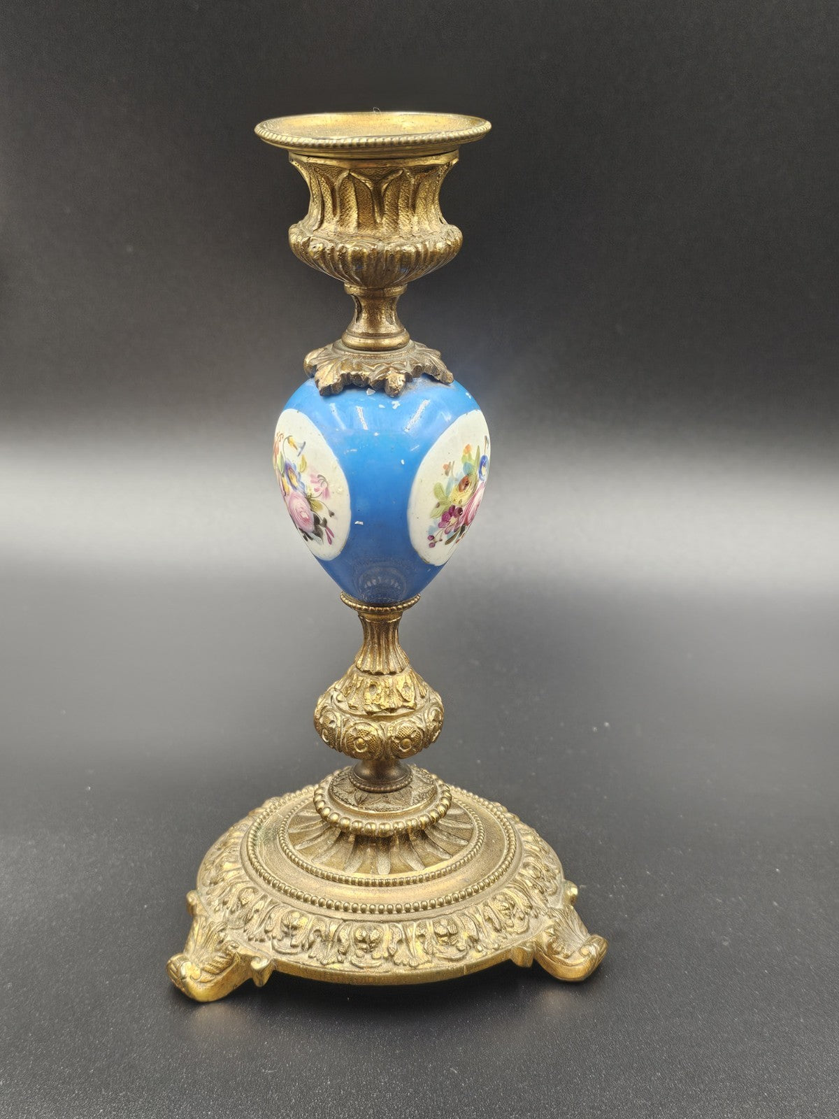 A 19thC French Pair of Sevres Style Omalu Mounted & Porcelain Candlesticks