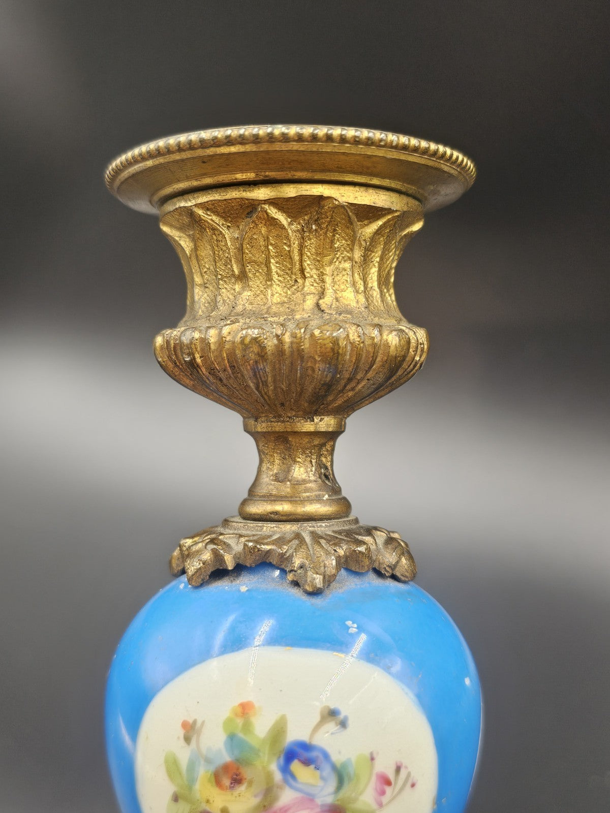 A 19thC French Pair of Sevres Style Omalu Mounted & Porcelain Candlesticks