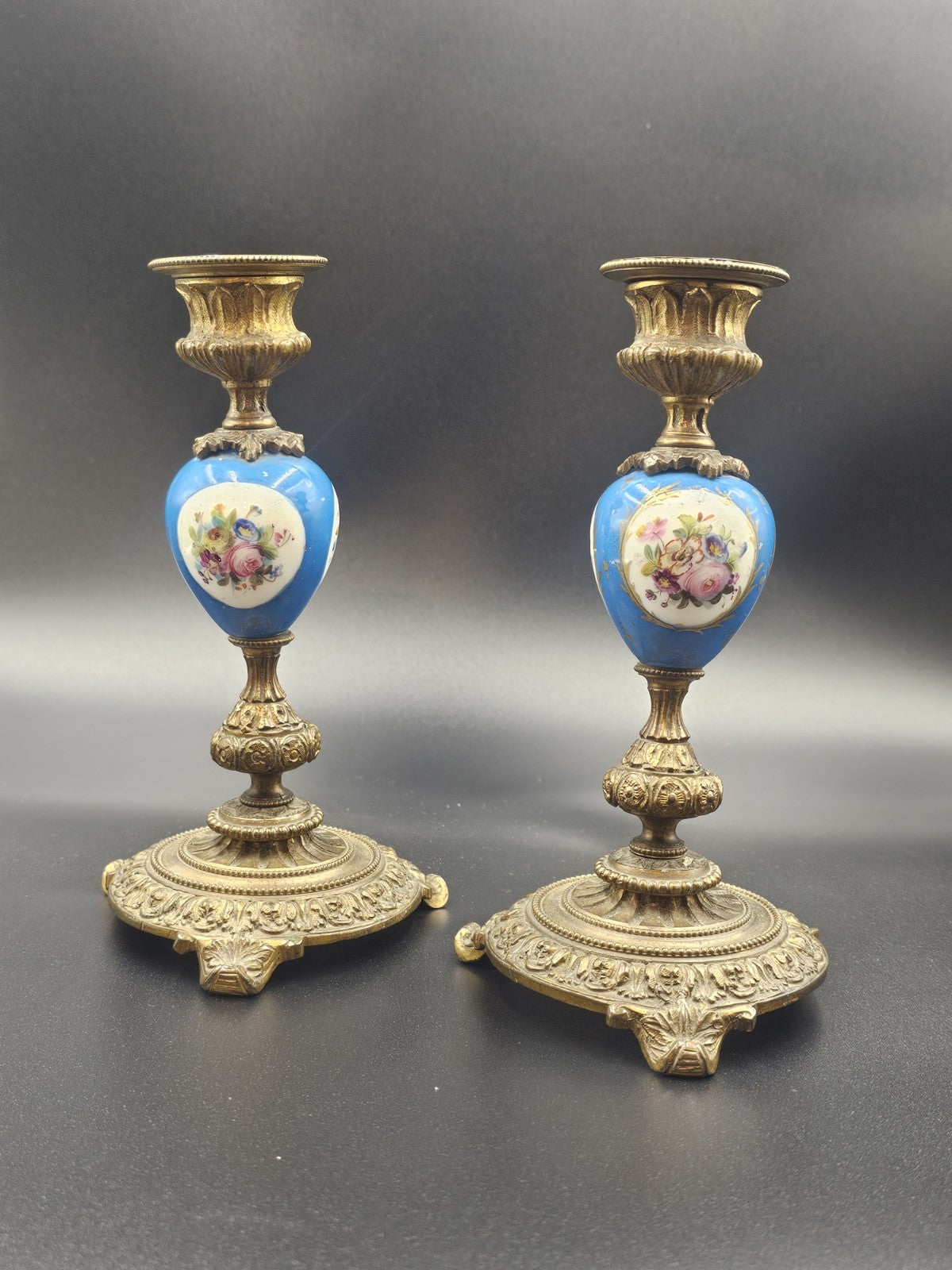 A 19thC French Pair of Sevres Style Omalu Mounted & Porcelain Candlesticks