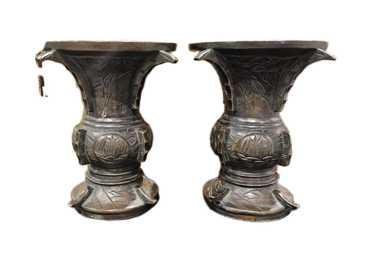 A Pair of Japanese Bronze Vases, 19thC, Engraved with Deer and Birds