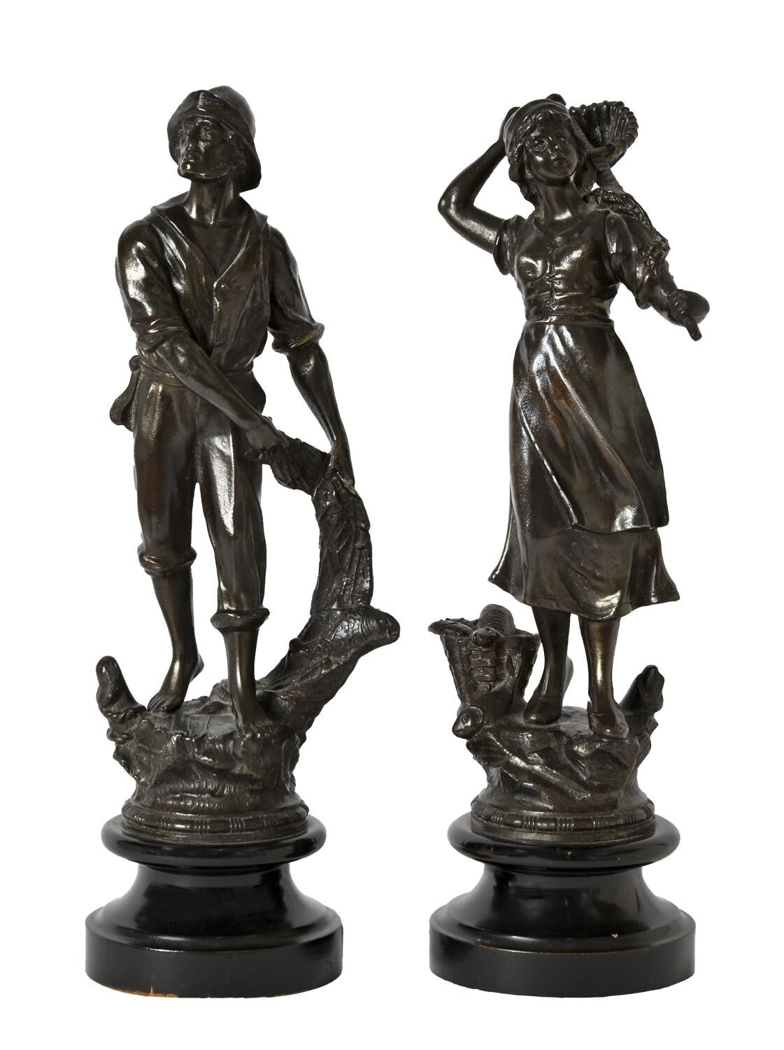 An Antique Pair of Bronzed Spelter Figures of a Fisherman and Woman,
