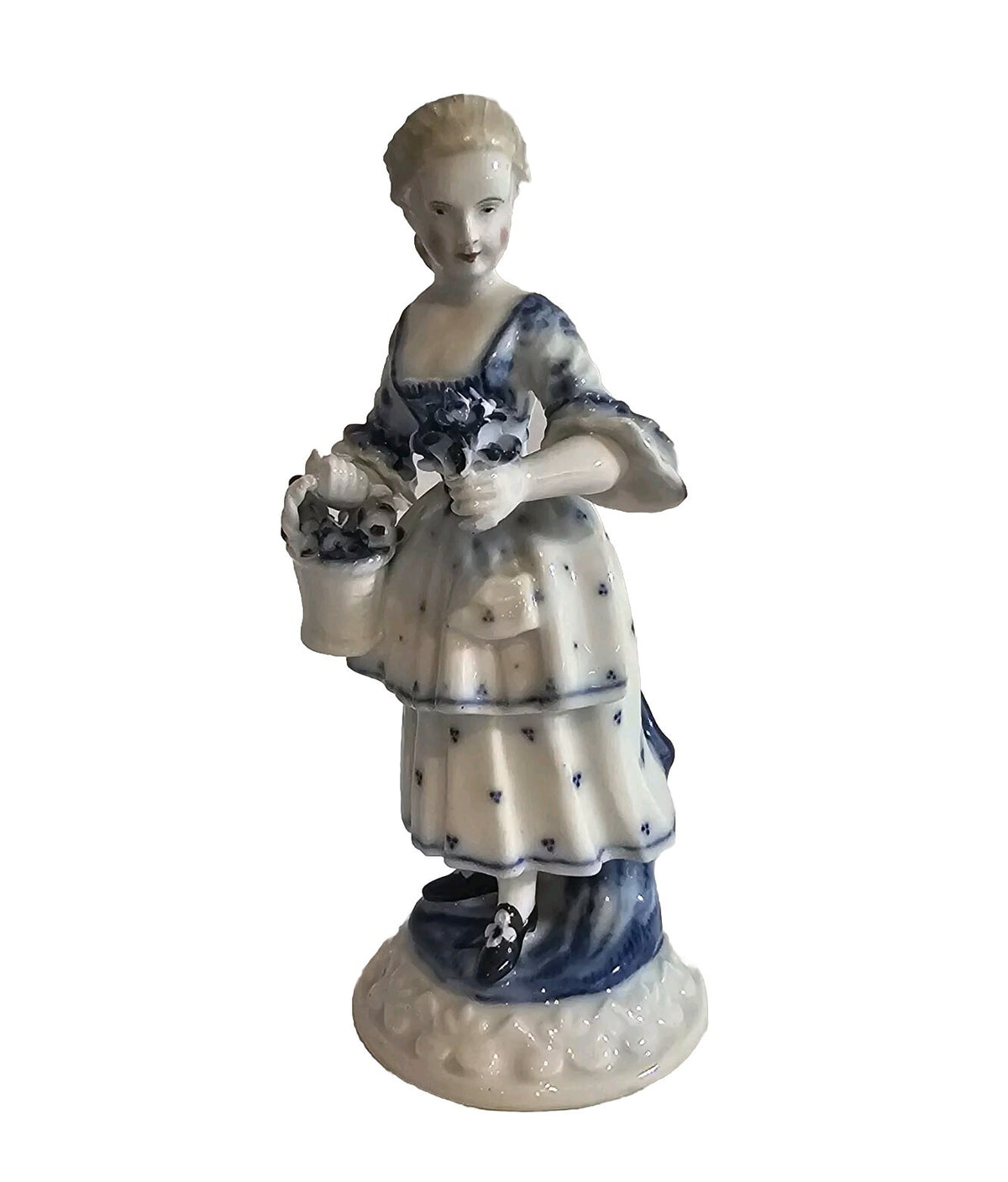 An Antique German Victorian Porcelain Figure of a Young Lady in Blue & White