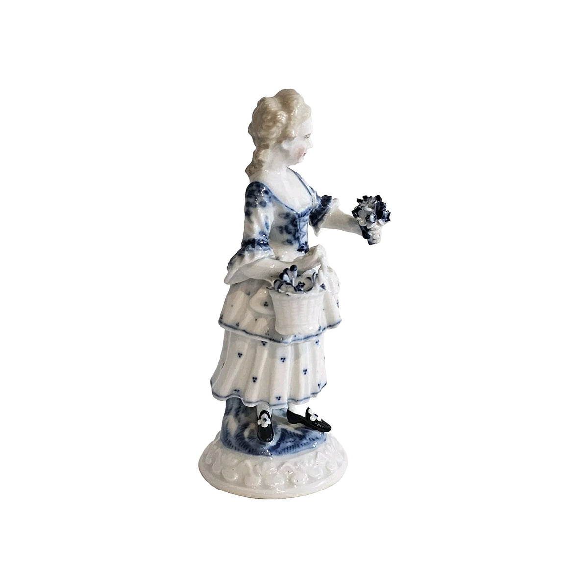 An Antique German Victorian Porcelain Figure of a Young Lady in Blue & White