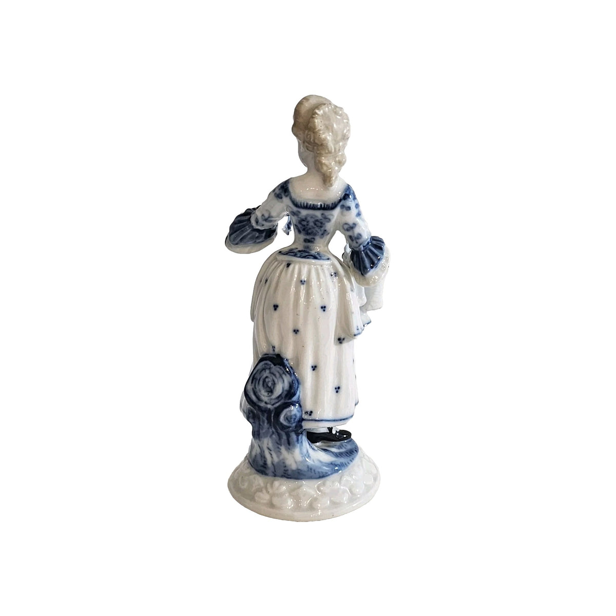 An Antique German Victorian Porcelain Figure of a Young Lady in Blue & White