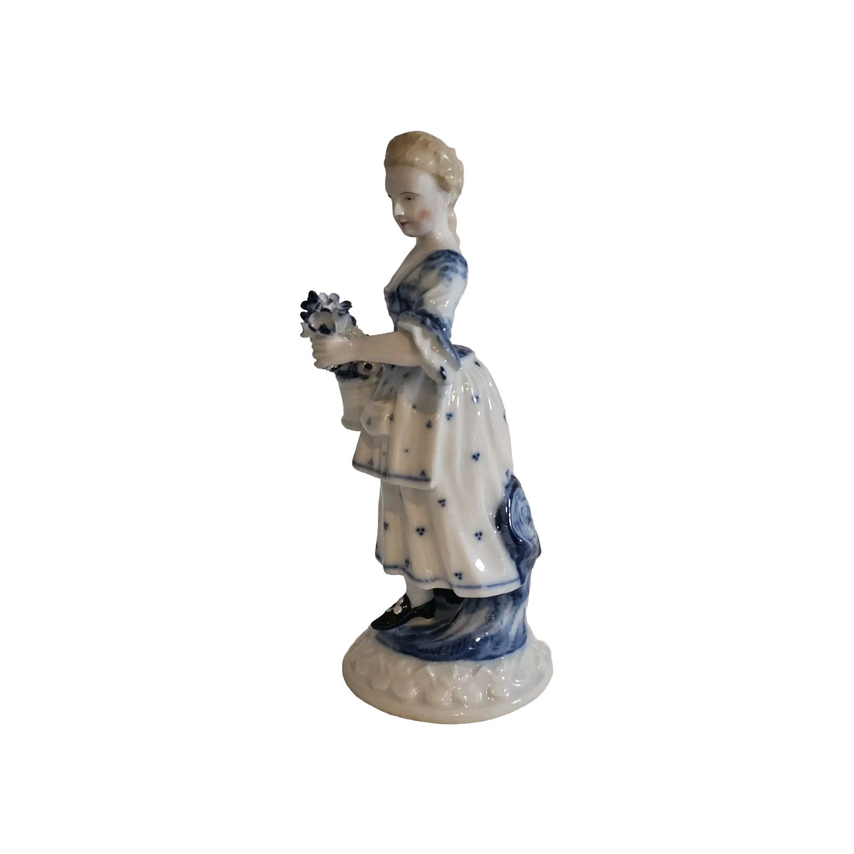 An Antique German Victorian Porcelain Figure of a Young Lady in Blue & White
