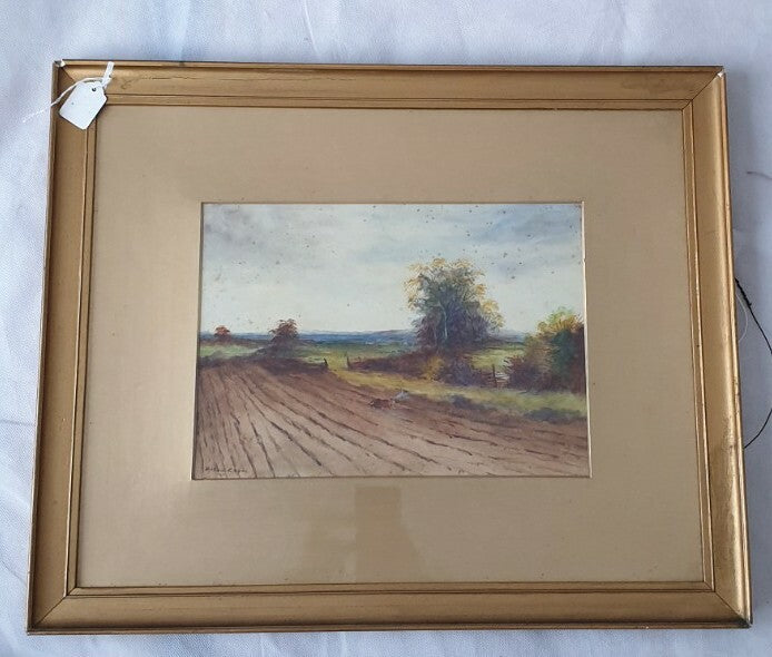 Antique framed watercolour painting by Hilda C Capon, 1911 (  A Ploughed Field)