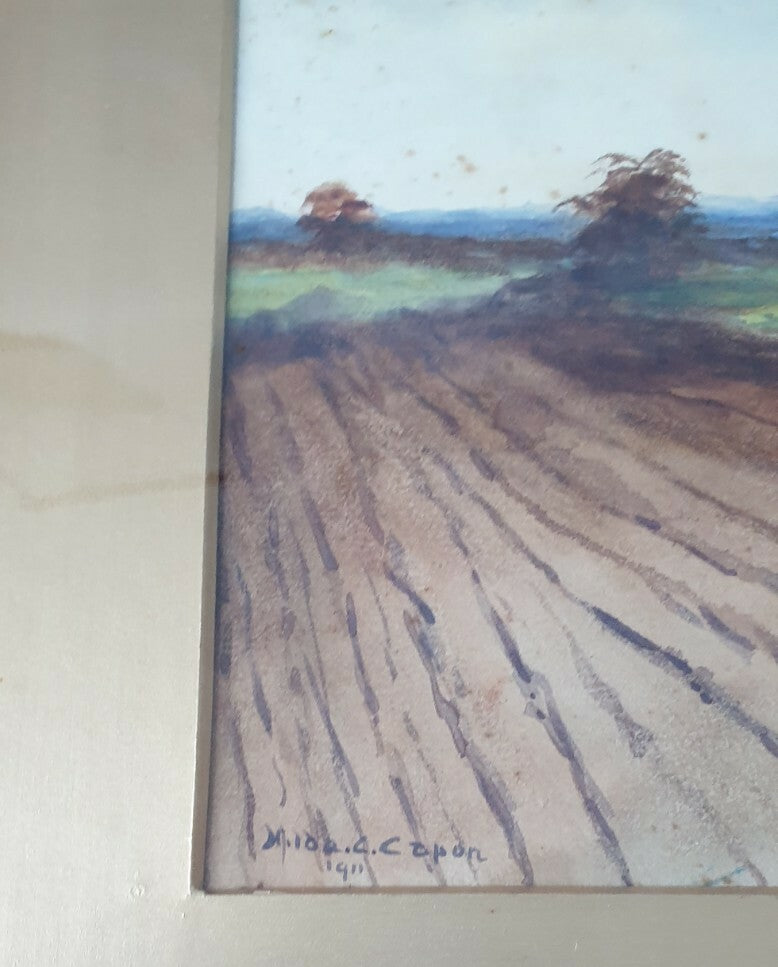 Antique framed watercolour painting by Hilda C Capon, 1911 (  A Ploughed Field)