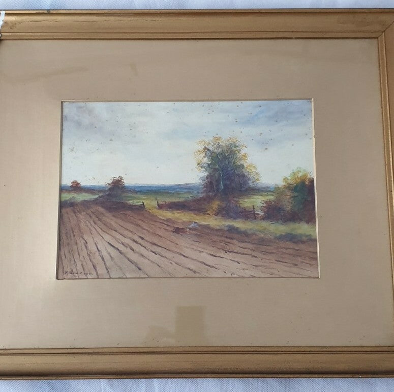 Antique framed watercolour painting by Hilda C Capon, 1911 (  A Ploughed Field)