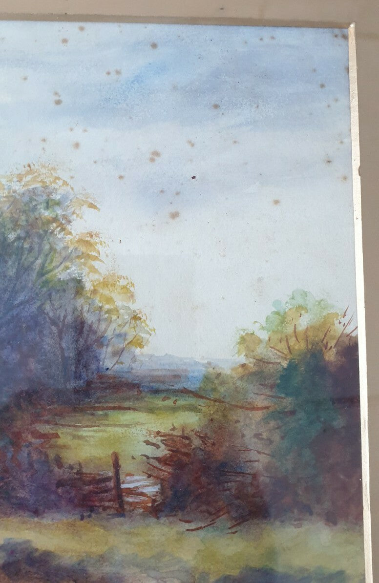 Antique framed watercolour painting by Hilda C Capon, 1911 (  A Ploughed Field)