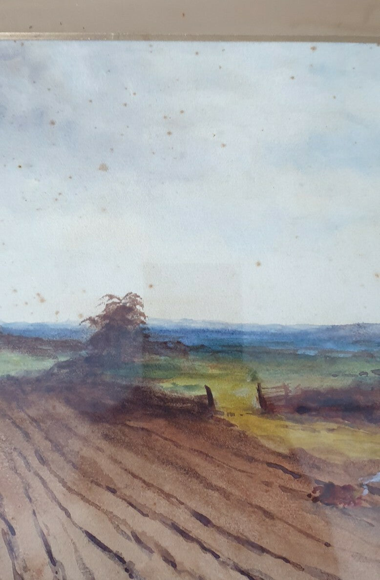 Antique framed watercolour painting by Hilda C Capon, 1911 (  A Ploughed Field)