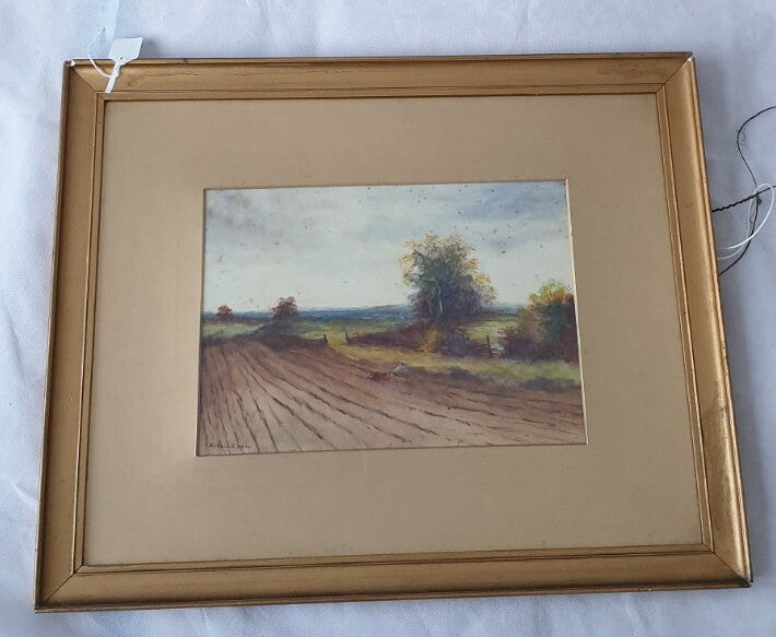 Antique framed watercolour painting by Hilda C Capon, 1911 (  A Ploughed Field)
