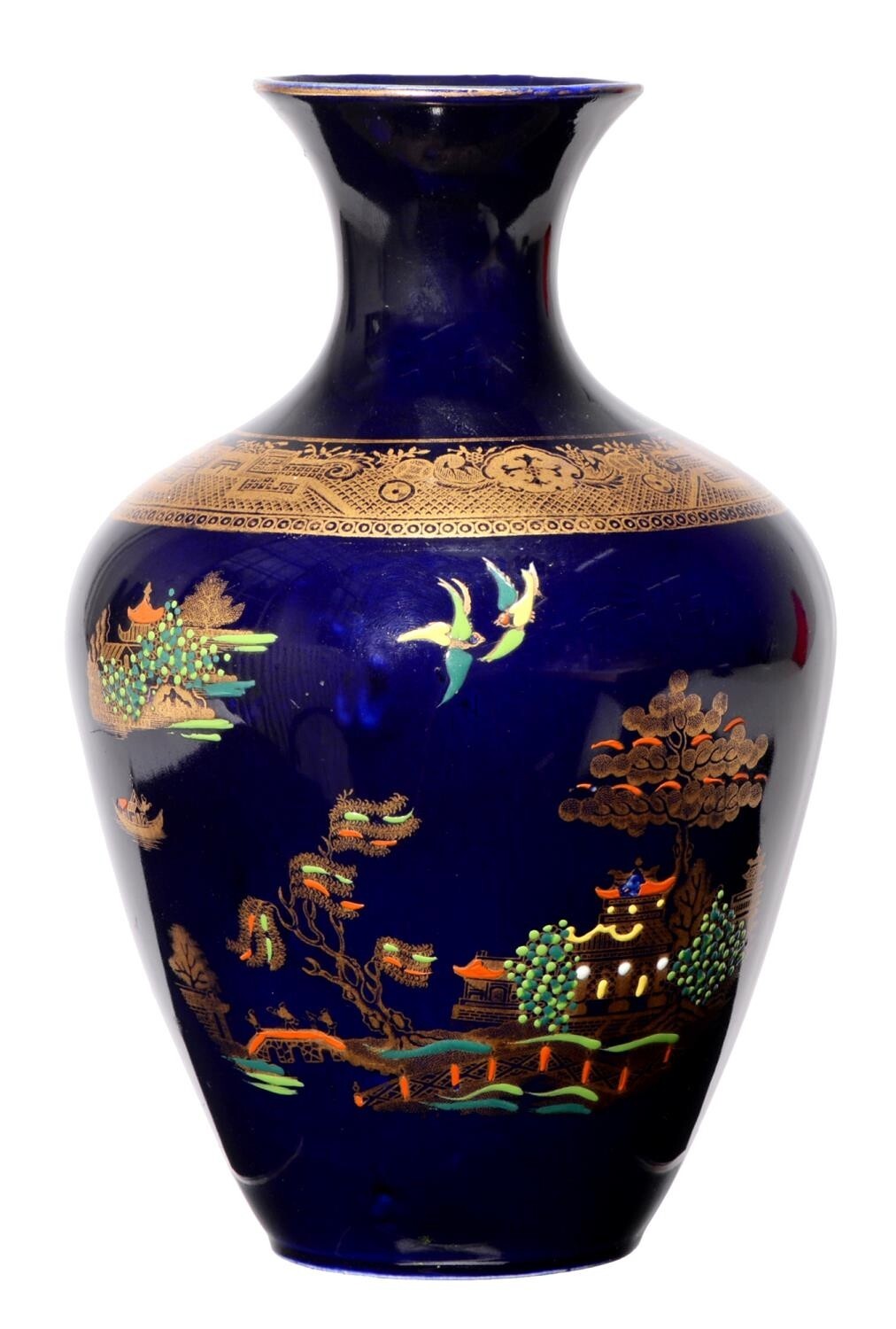 A John Tams Cobalt Ground Earthenware Vase with Chinoiserie Decoration, c1930,
