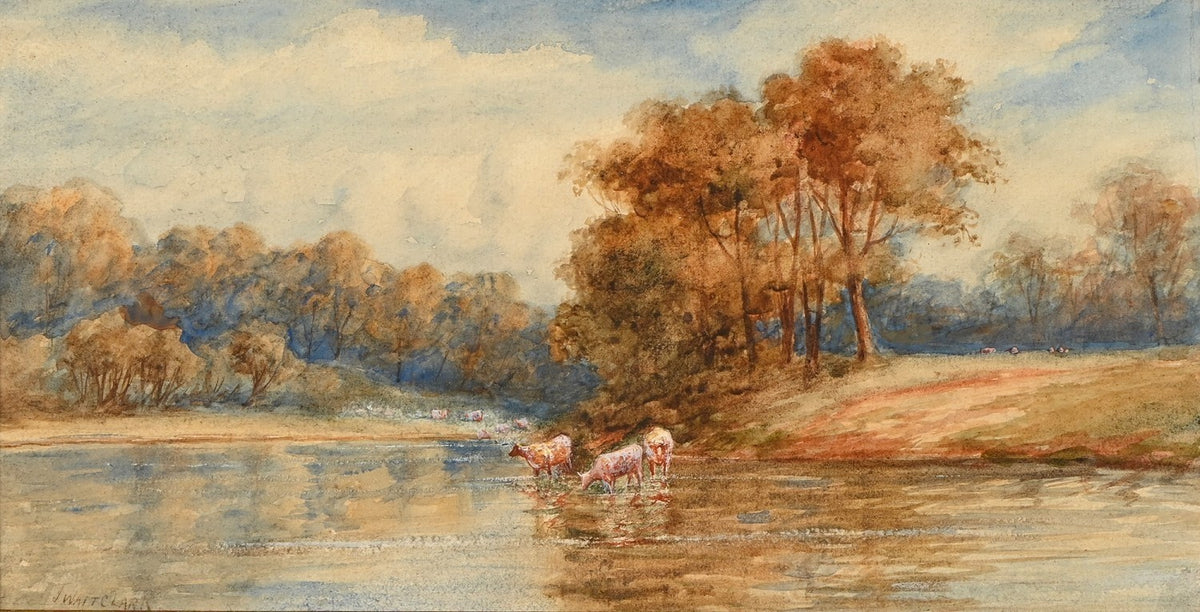 J. Wait Clark (fl. 1880-1900) - Cattle Watering, Signed, Watercolour Painting,