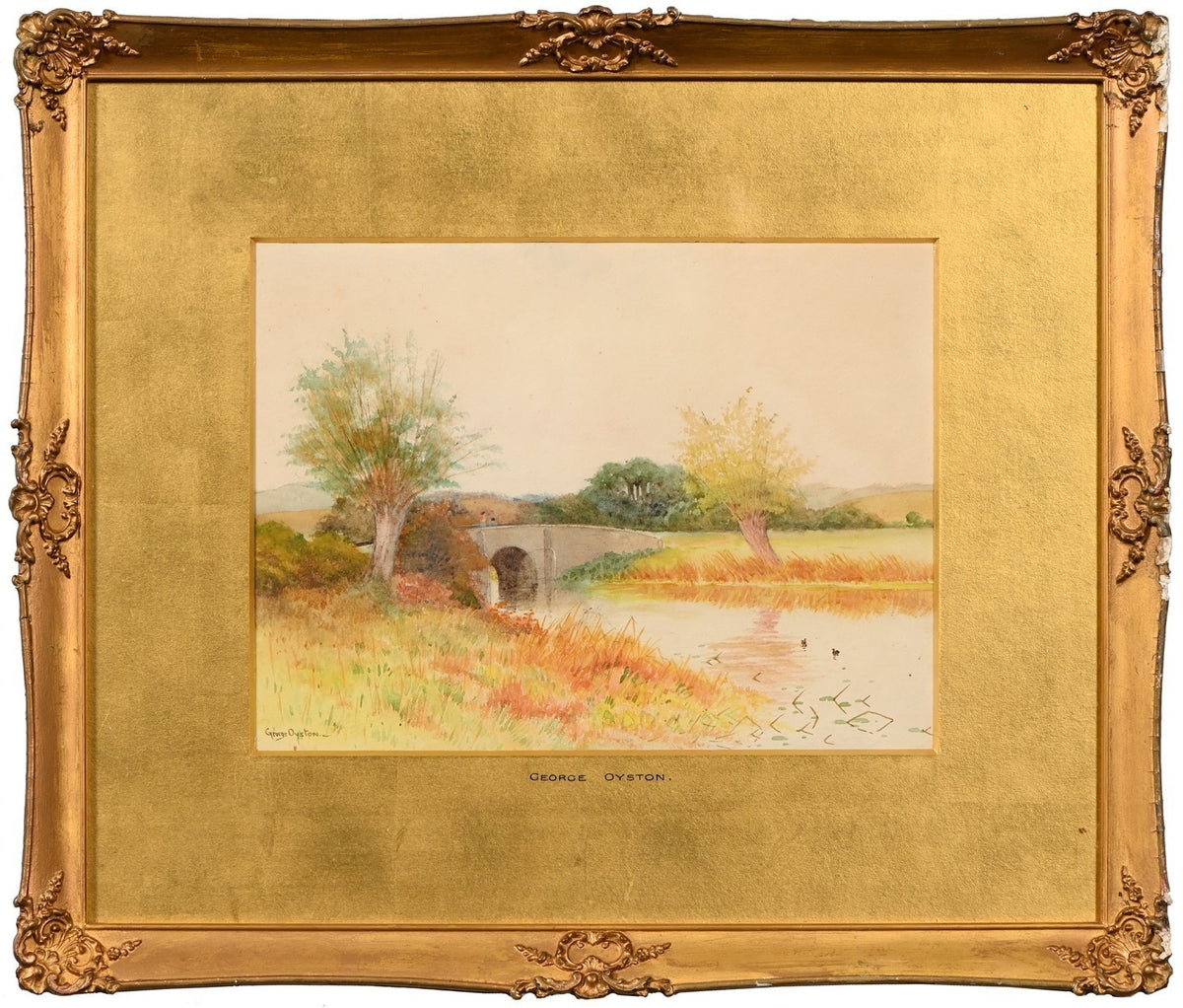 George Oyston (1861-1937) - Figures Walking over a Bridged River, Signed,