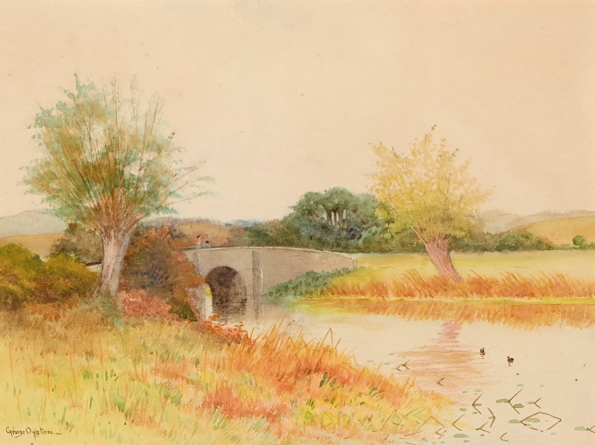 George Oyston (1861-1937) - Figures Walking over a Bridged River, Signed,