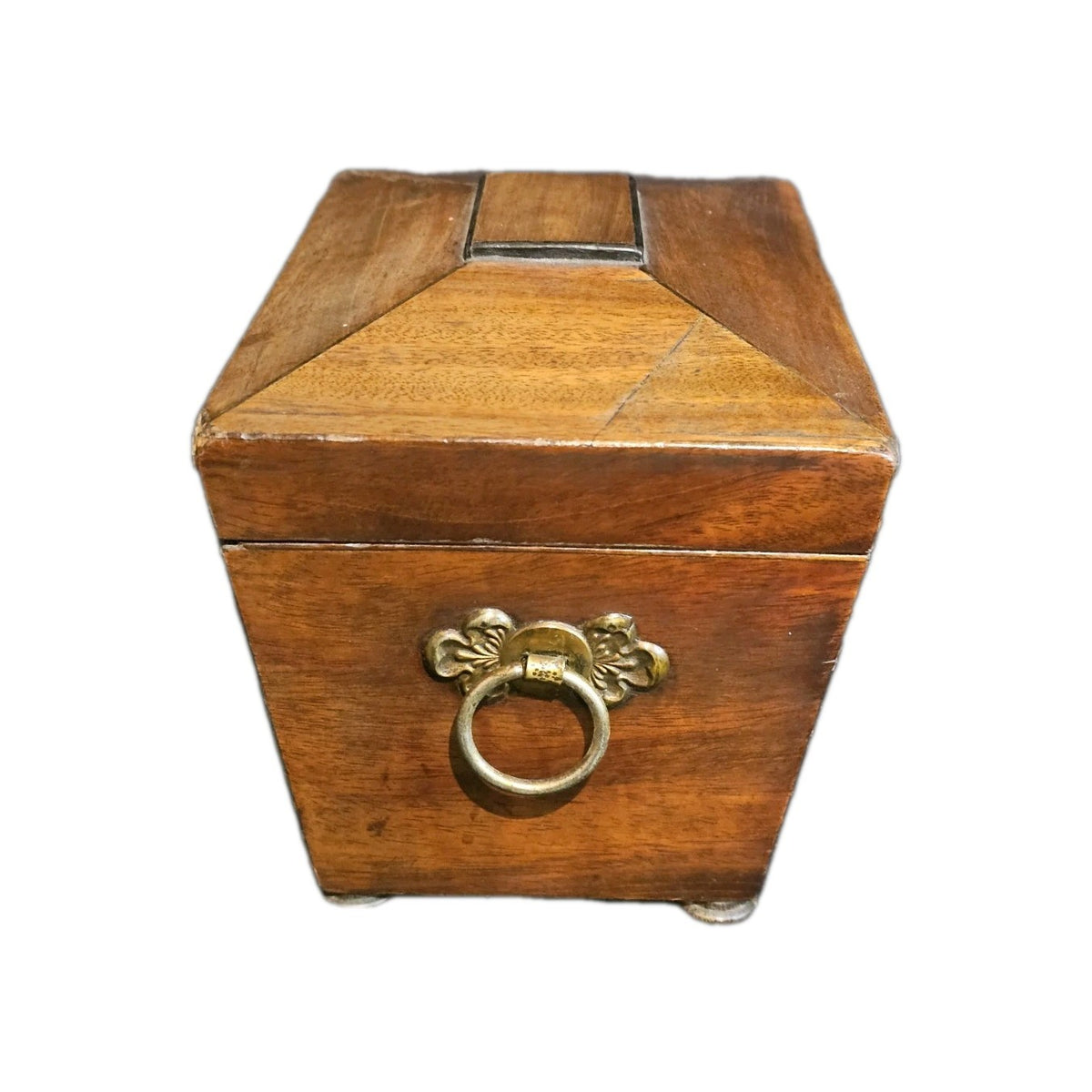 A George III Mahogany Sarcophagus Shaped Tea Chest, with Brass Twin Ring Handles