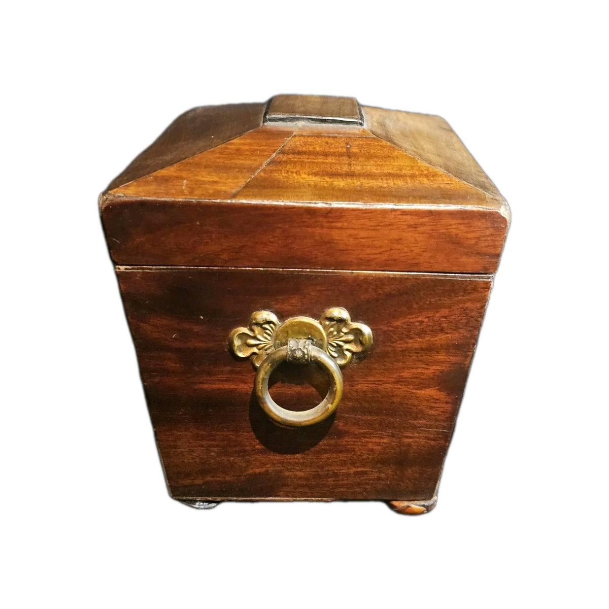A George III Mahogany Sarcophagus Shaped Tea Chest, with Brass Twin Ring Handles