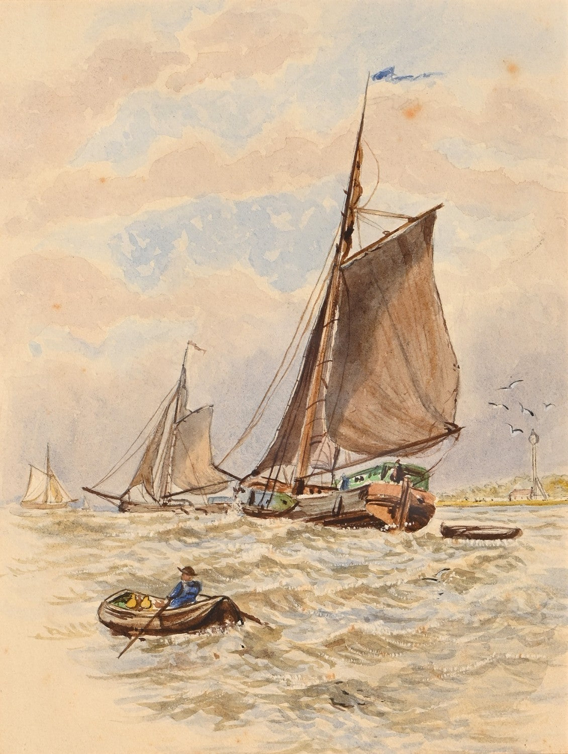 English School, 19thC Fishing Boats on the South Coast, Watercolour Gouache