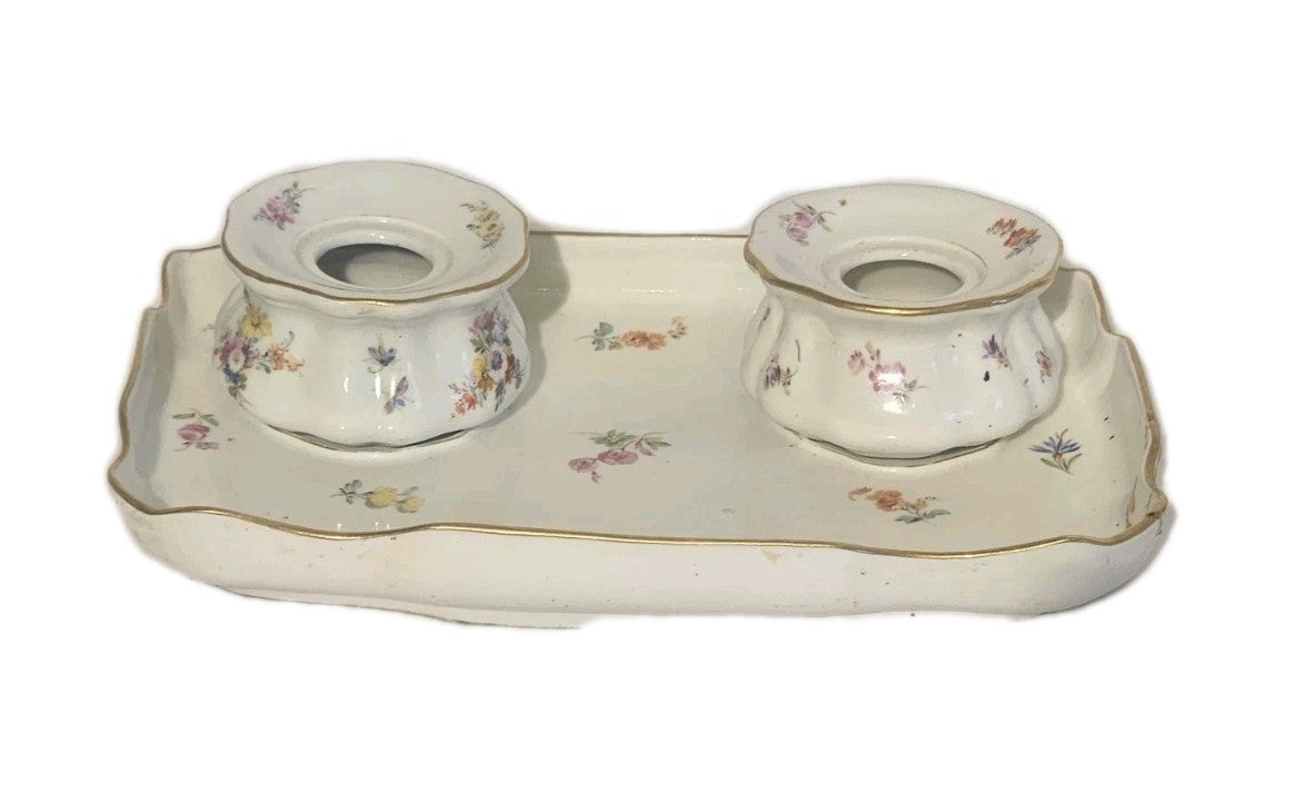 A 19thC Meissen Porcelain Desk Stand with Inkwells, Hand Painted A/F