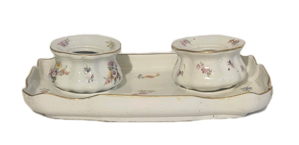 A 19thC Meissen Porcelain Desk Stand with Inkwells, Hand Painted A/F