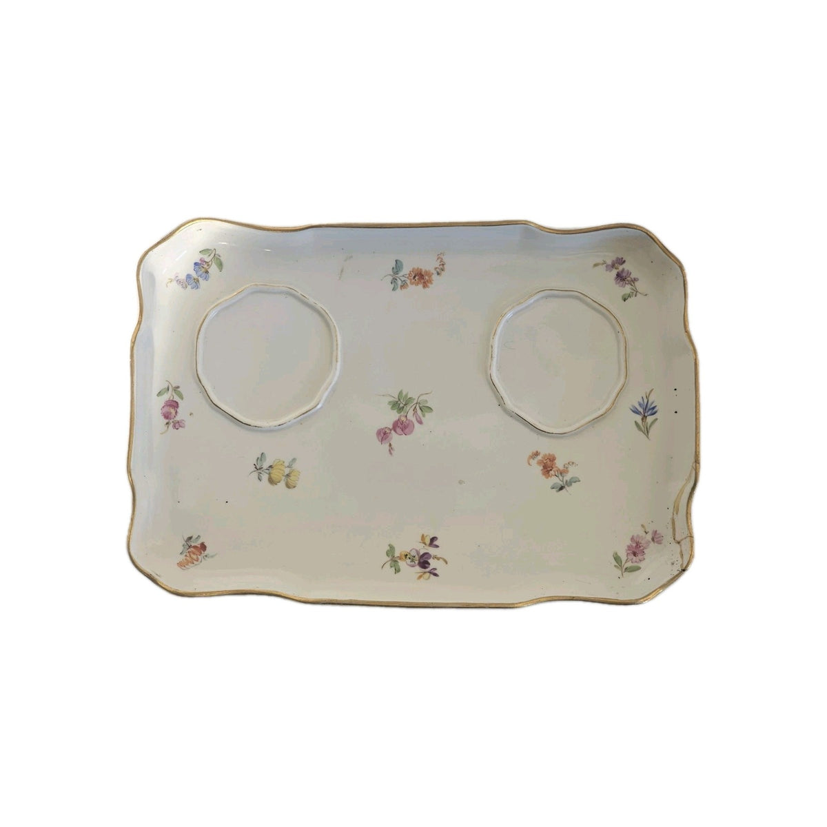 A 19thC Meissen Porcelain Desk Stand with Inkwells, Hand Painted A/F