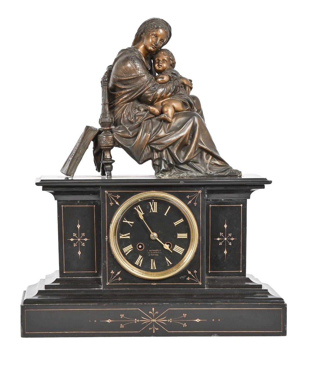 A Belgian Slate Mantle Clock, Mounted with a Spelter Figural Group