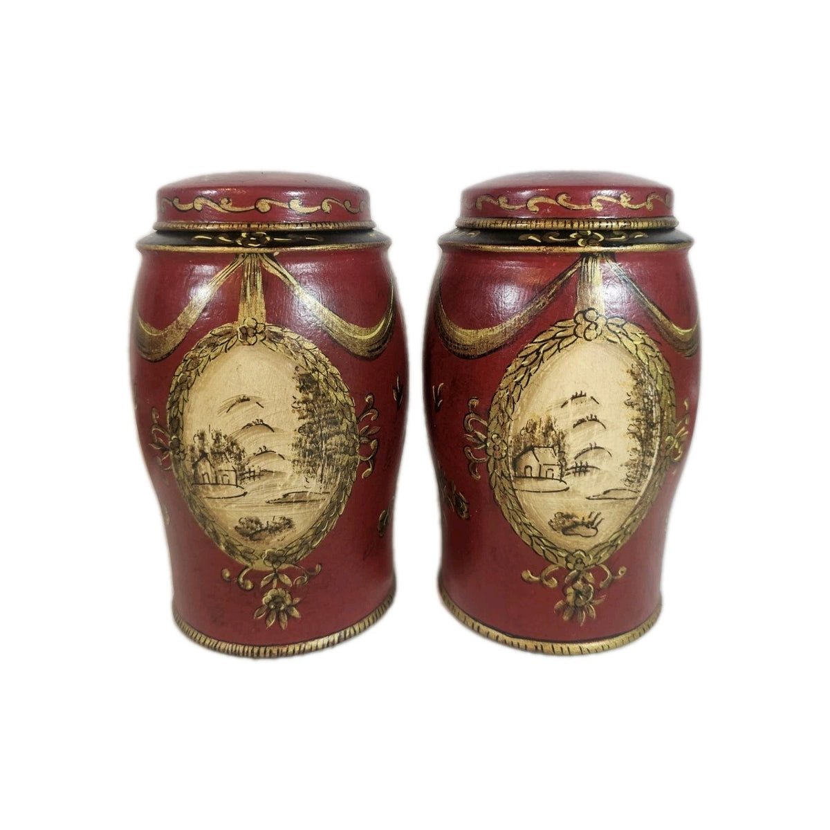 A Pair of Toleware Canisters in Red 18thC Style Hand Painted with Chinoiserie