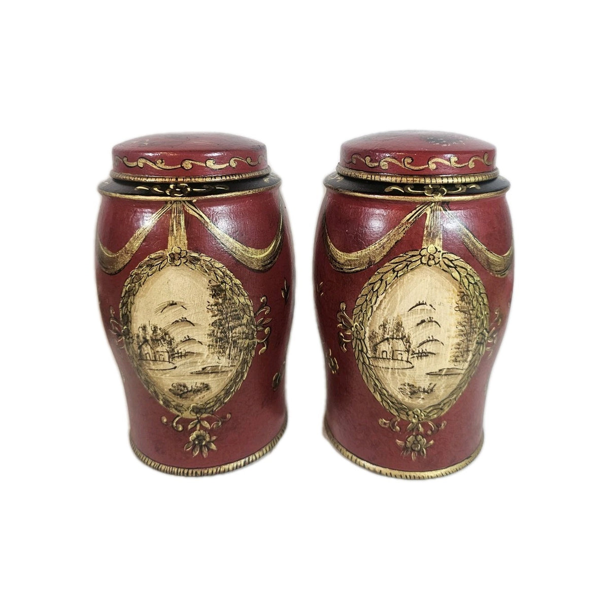 A Pair of Toleware Canisters in Red 18thC Style Hand Painted with Chinoiserie