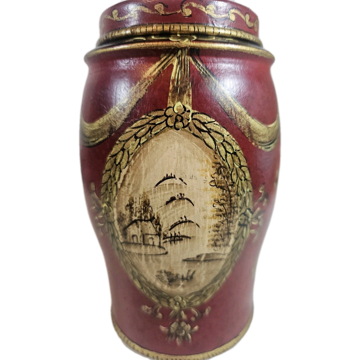 A Pair of Toleware Canisters in Red 18thC Style Hand Painted with Chinoiserie