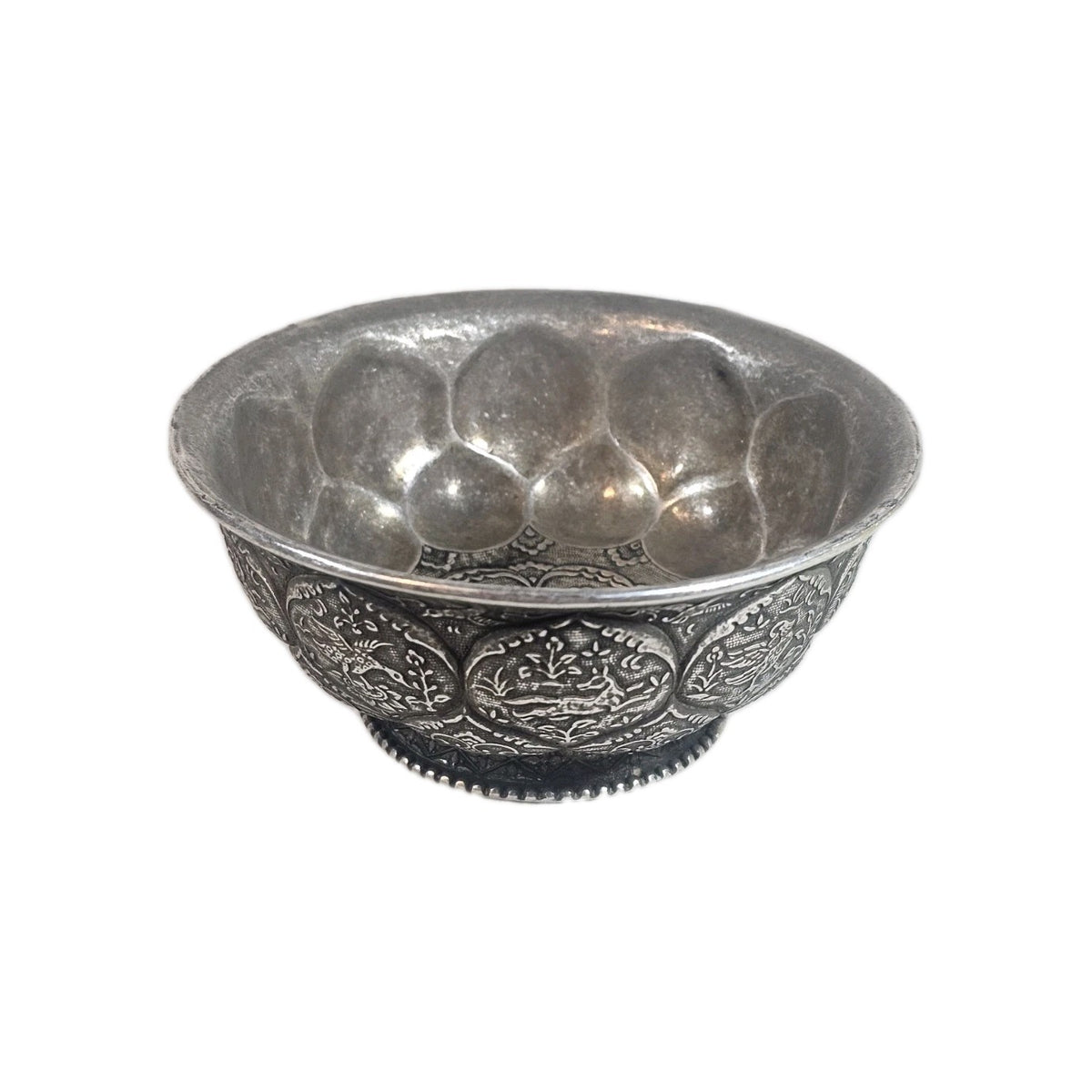 An Antique Chinese White Metal Repoussé Bowl  Decorated inside and out