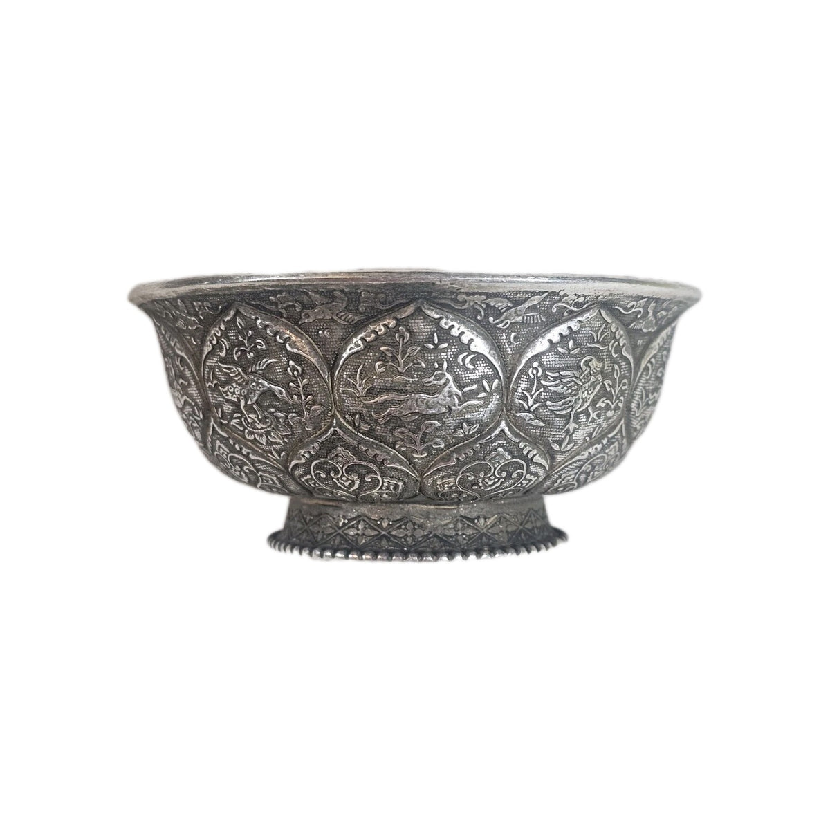 An Antique Chinese White Metal Repoussé Bowl  Decorated inside and out