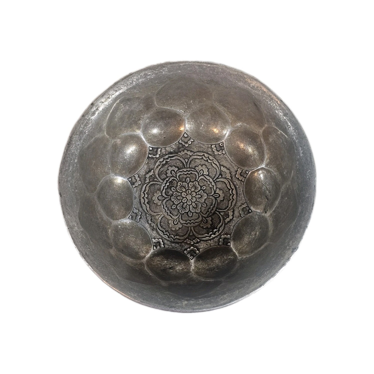 An Antique Chinese White Metal Repoussé Bowl  Decorated inside and out