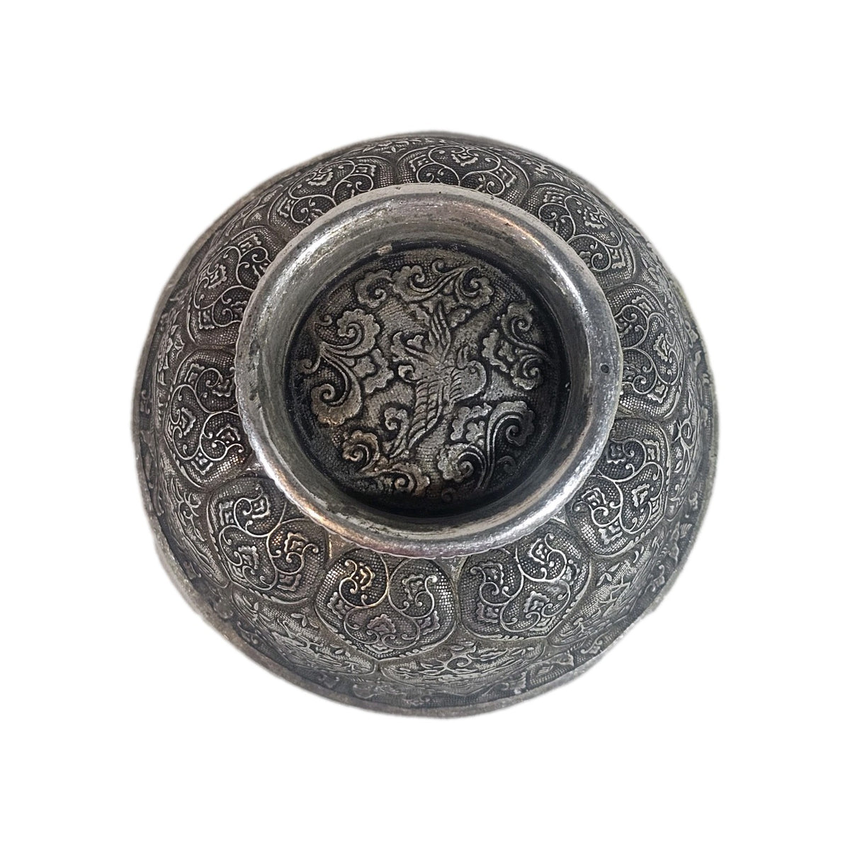 An Antique Chinese White Metal Repoussé Bowl  Decorated inside and out