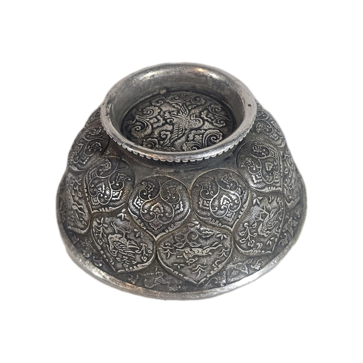 An Antique Chinese White Metal Repoussé Bowl  Decorated inside and out