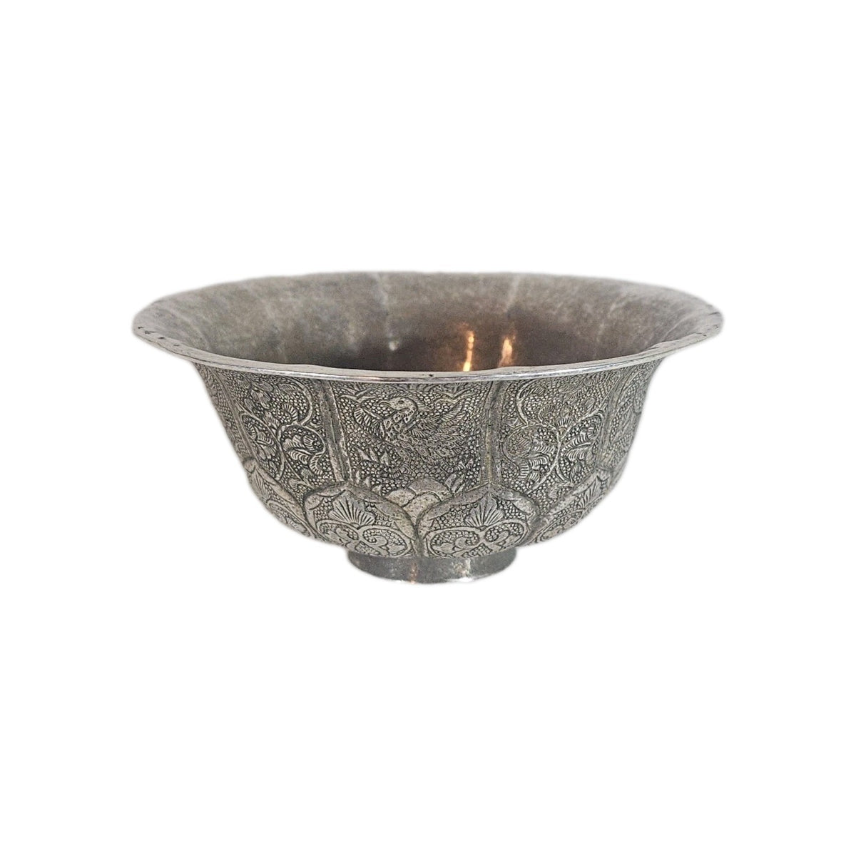 An Antique Chinese White Metal Repoussé Bowl Elaborately Decorated