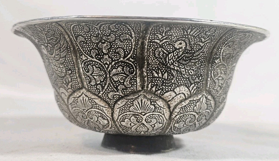 An Antique Chinese White Metal Repoussé Bowl Elaborately Decorated
