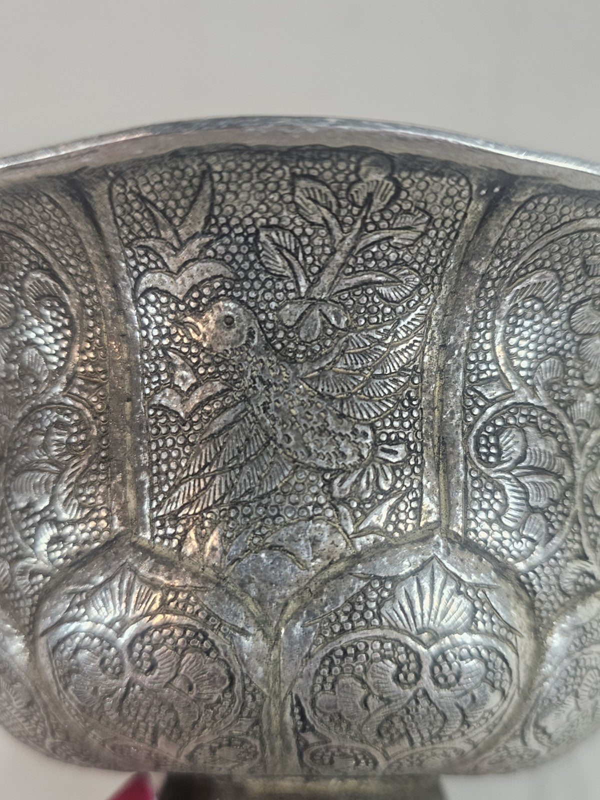 An Antique Chinese White Metal Repoussé Bowl Elaborately Decorated
