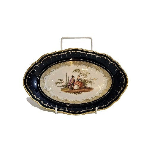 A 19thC Porcelain Serving Dish, Hand Painted with Lovers, Blue Meissen Mark